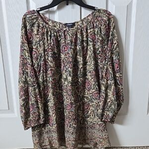 Chaps Red and Green Relaxed Pleated Blouse